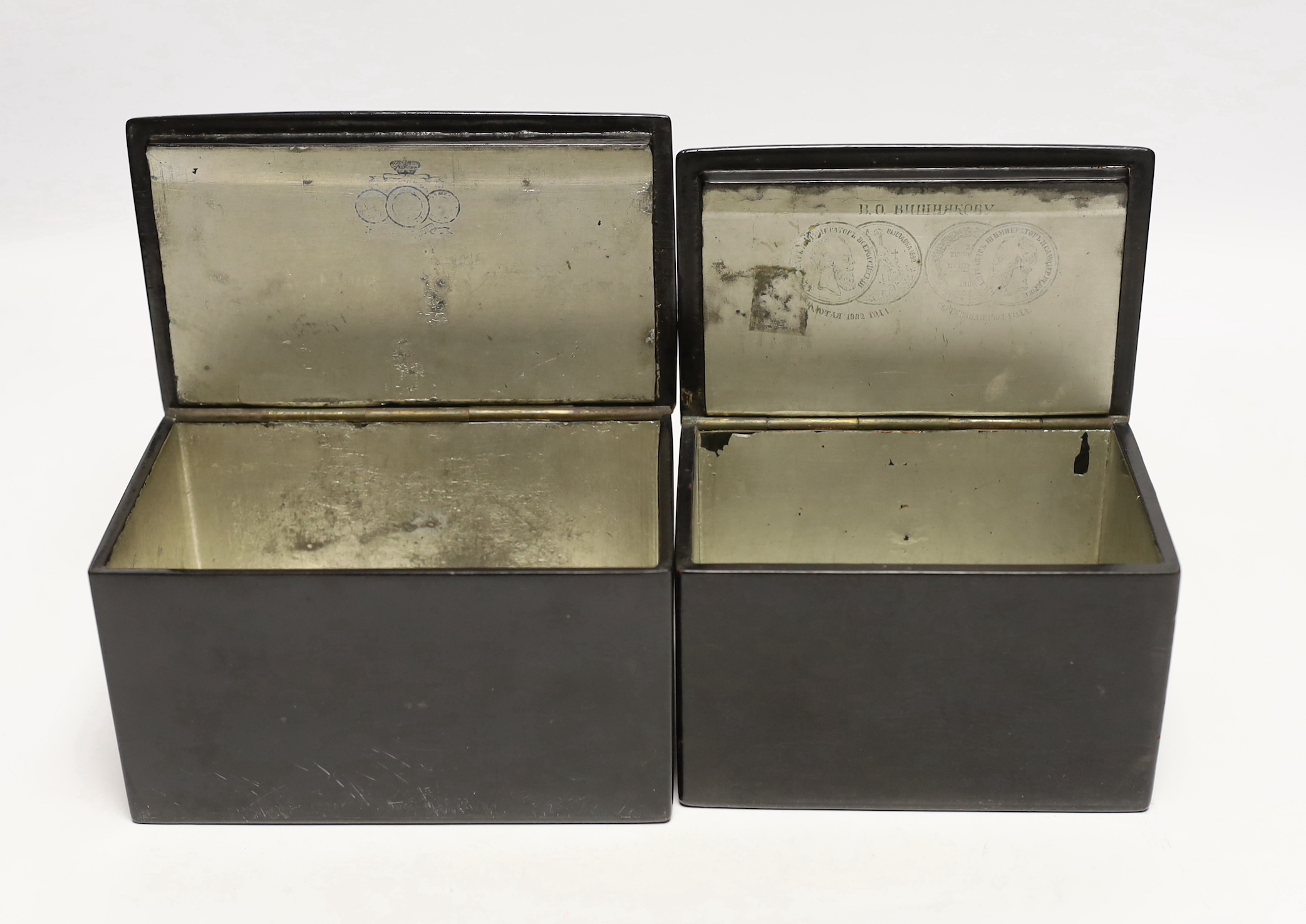 Two late 19th century Russian lacquer tea caddies, by Vishnyakov, largest 16cm x 9cm